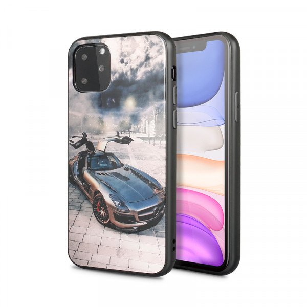 Wholesale iPhone 11 Pro Max (6.5in) Design Tempered Glass Hybrid Case (Silver Race Car)